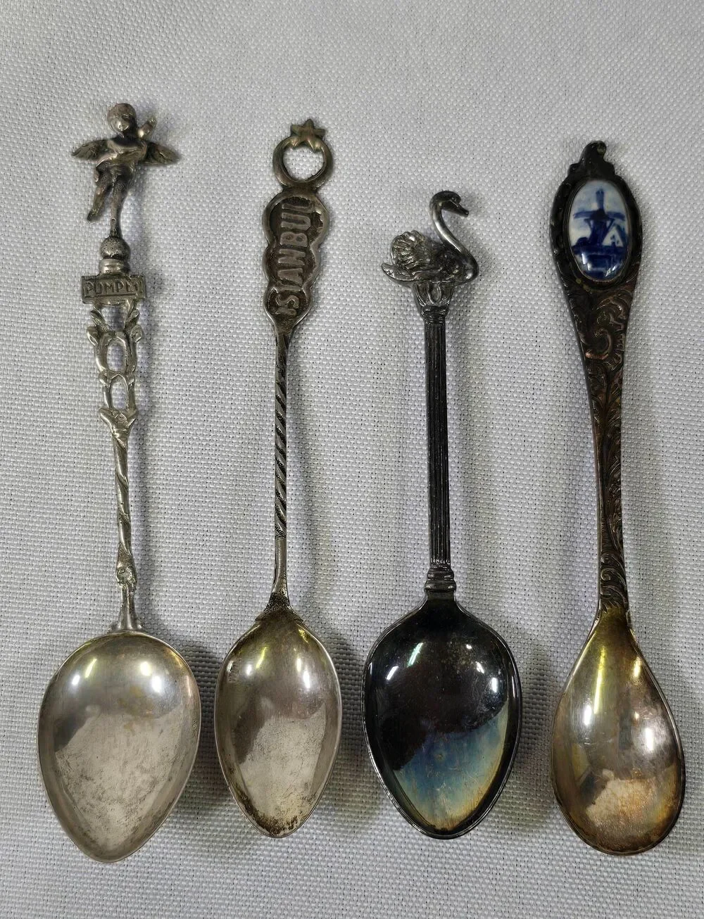 Vintage Silver Plated Souvenir Spoons Set of 4 - Pompei Istanbul Swan Windmill